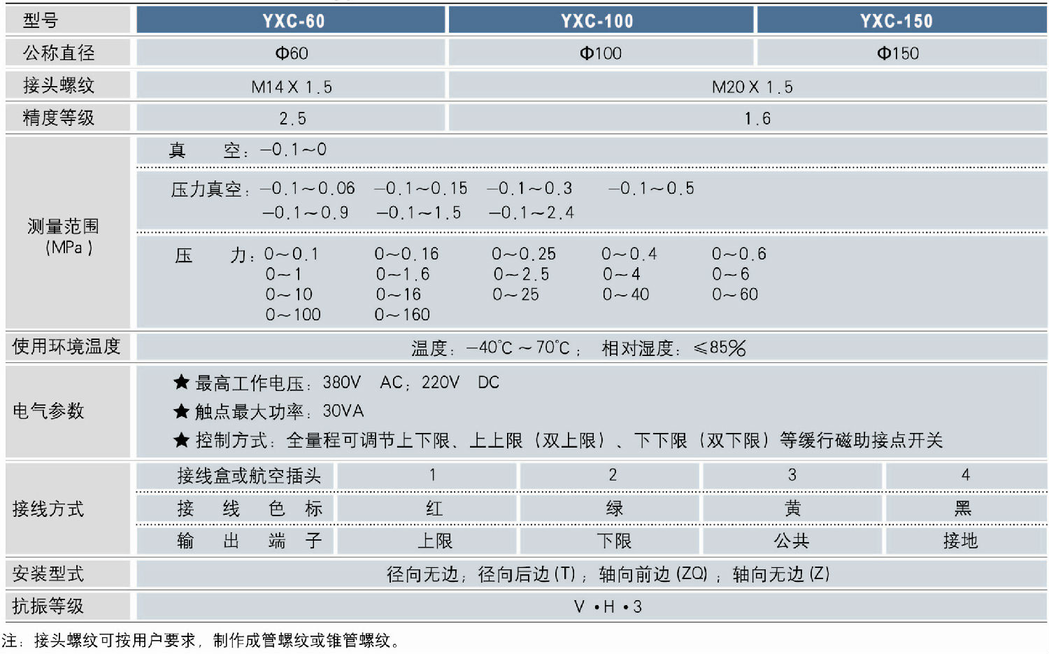 普通电接点压力表技术参数 普通电接点压力表技术参数