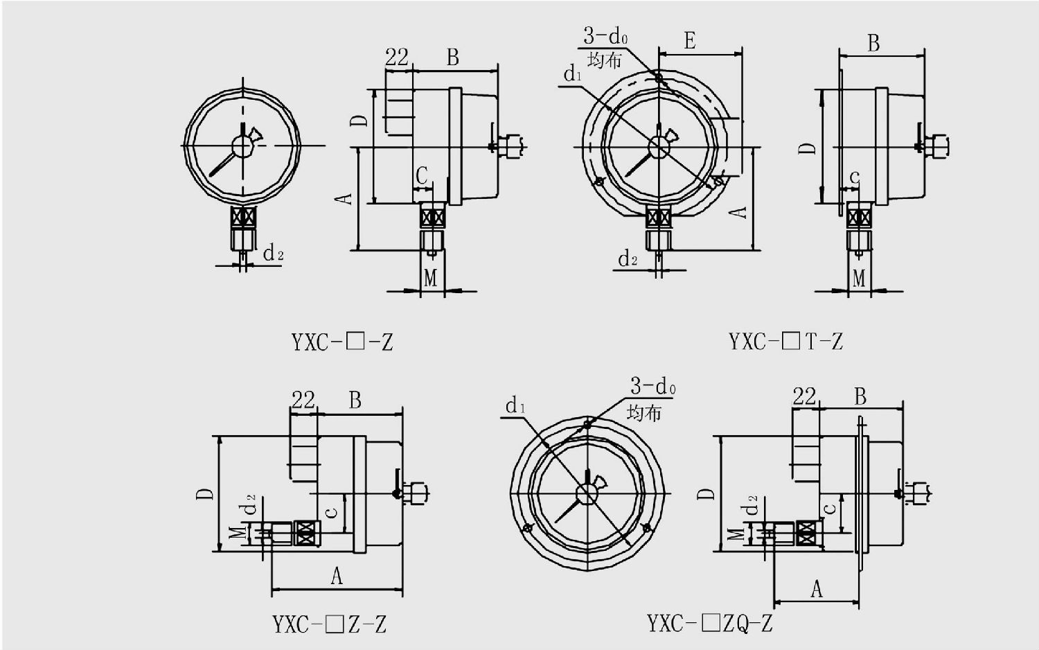 YXC-100-ZⅢ轴向带边耐震电接点压力表外形尺寸 YXC-100-ZⅢ轴向带边耐震电接点压力表外形尺寸
